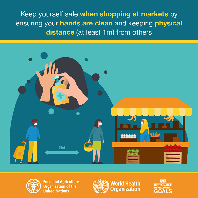 Keep your self safe when shopping at markets by ensuring your hands are clean and keeping physical distance from others