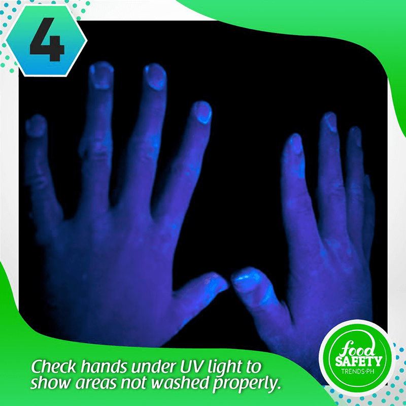 Check hands under UV light to show areas not washed properly
